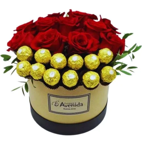 Caja pote con rosas rojas y bombones de chocolate rocher 